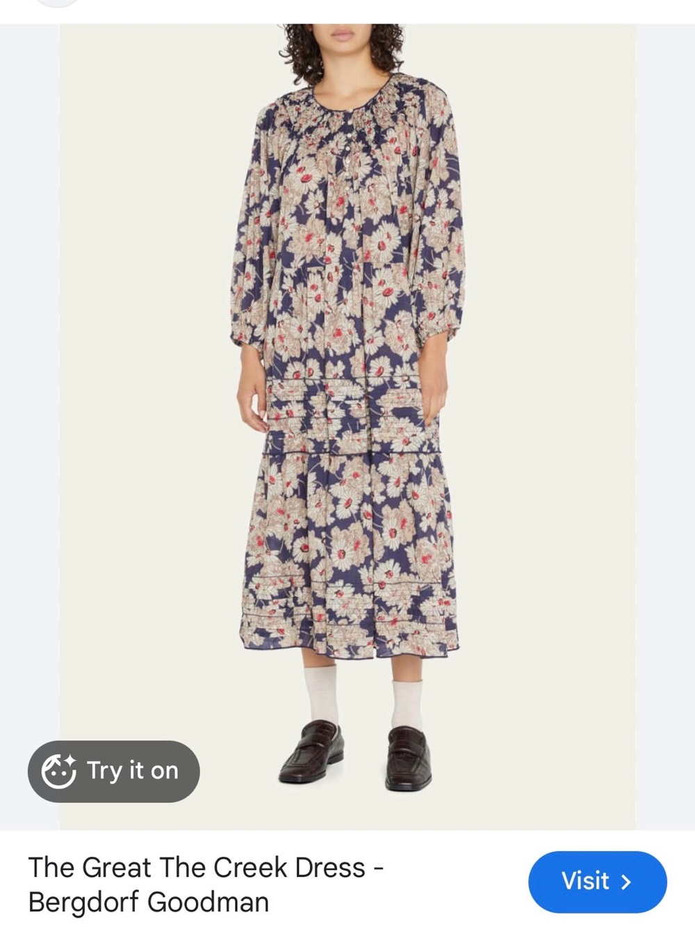 THE GREAT. Navy Floral Maxi Dress with Cream and Pink Accents
